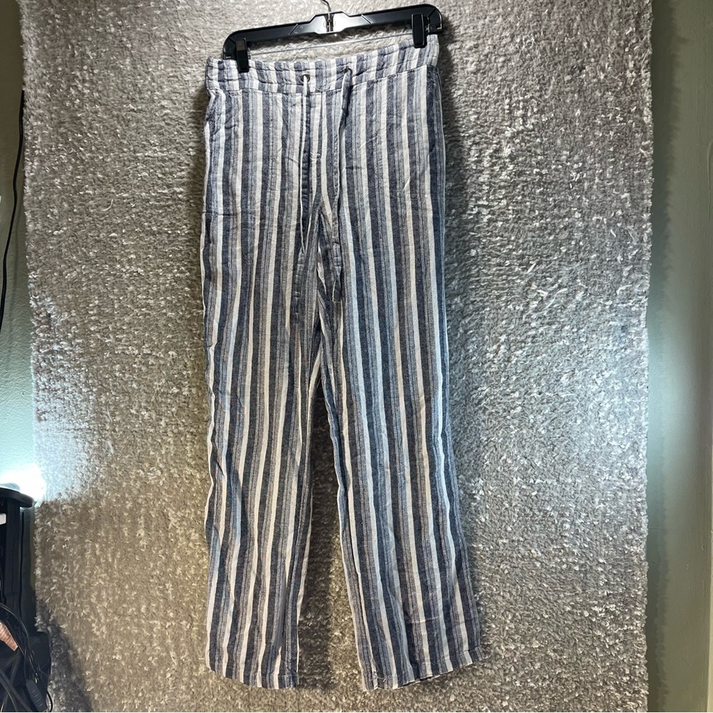 Per Se Women's Linen Blend Drawstring Waist Straight Leg Striped Pants Medium